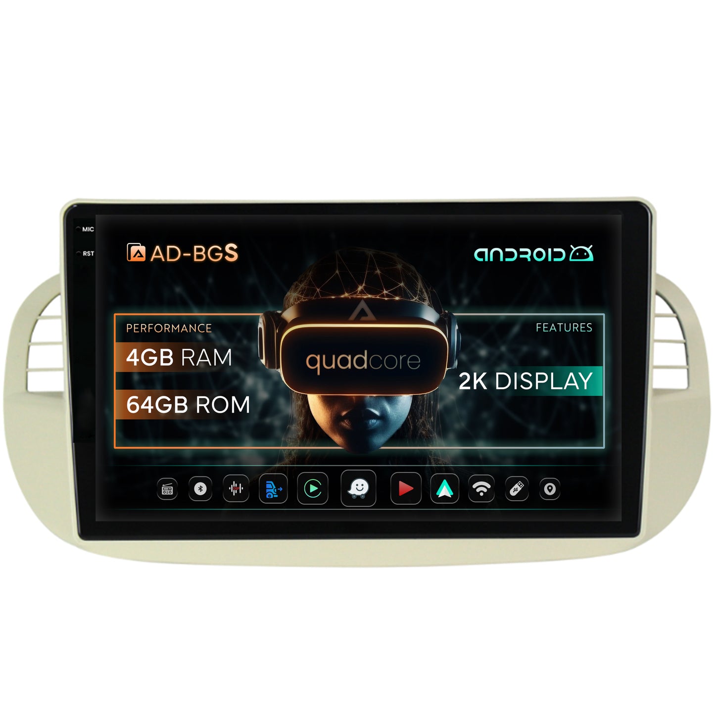 Navigatie 2K Fiat 500 (2007-2014), Android, S-Quadcore / 4GB RAM + 64GB ROM, 9.5 Inch - AD-BGS90042K+AD-BGRKIT362V2