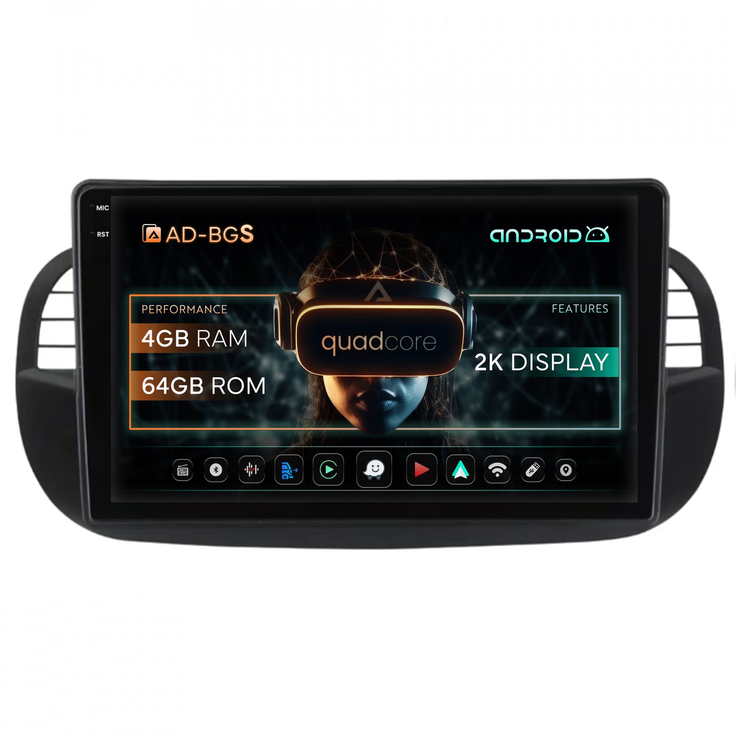 Navigatie 2K Fiat 500 (2007-2014), Android, S-Quadcore / 4GB RAM + 64GB ROM, 9.5 Inch - AD-BGS90042K+AD-BGRKIT362V3