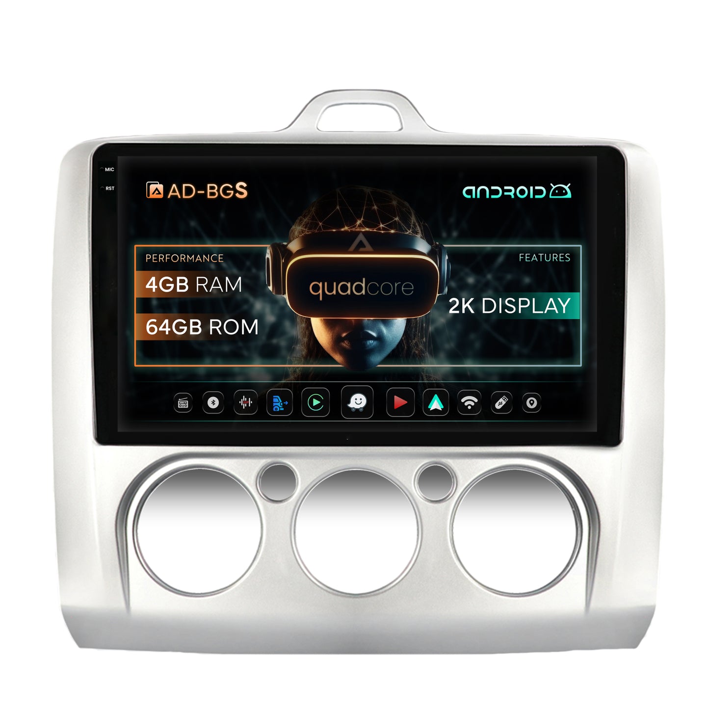 Navigatie 2K Ford Focus MK2 (2004-2011), Clima Manuala, Android, S-Quadcore / 4GB RAM + 64GB ROM, 9.5 Inch - AD-BGS90042K+AD-BGRKIT112