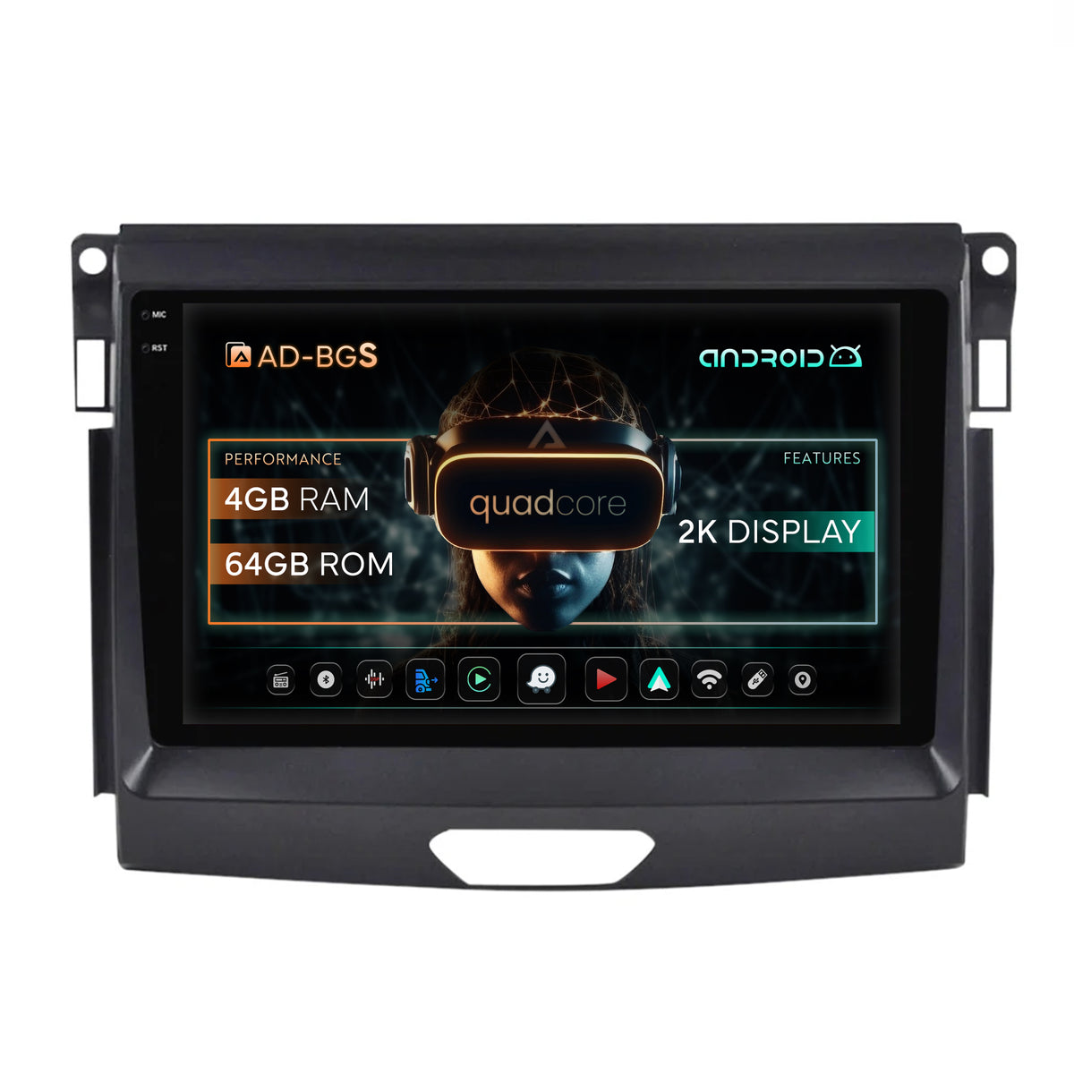 Navigatie 2K Ford Ranger (2015-2020), Android, S-Quadcore / 4GB RAM + 64GB ROM, 9.5 Inch - AD-BGS90042K+AD-BGRKIT120
