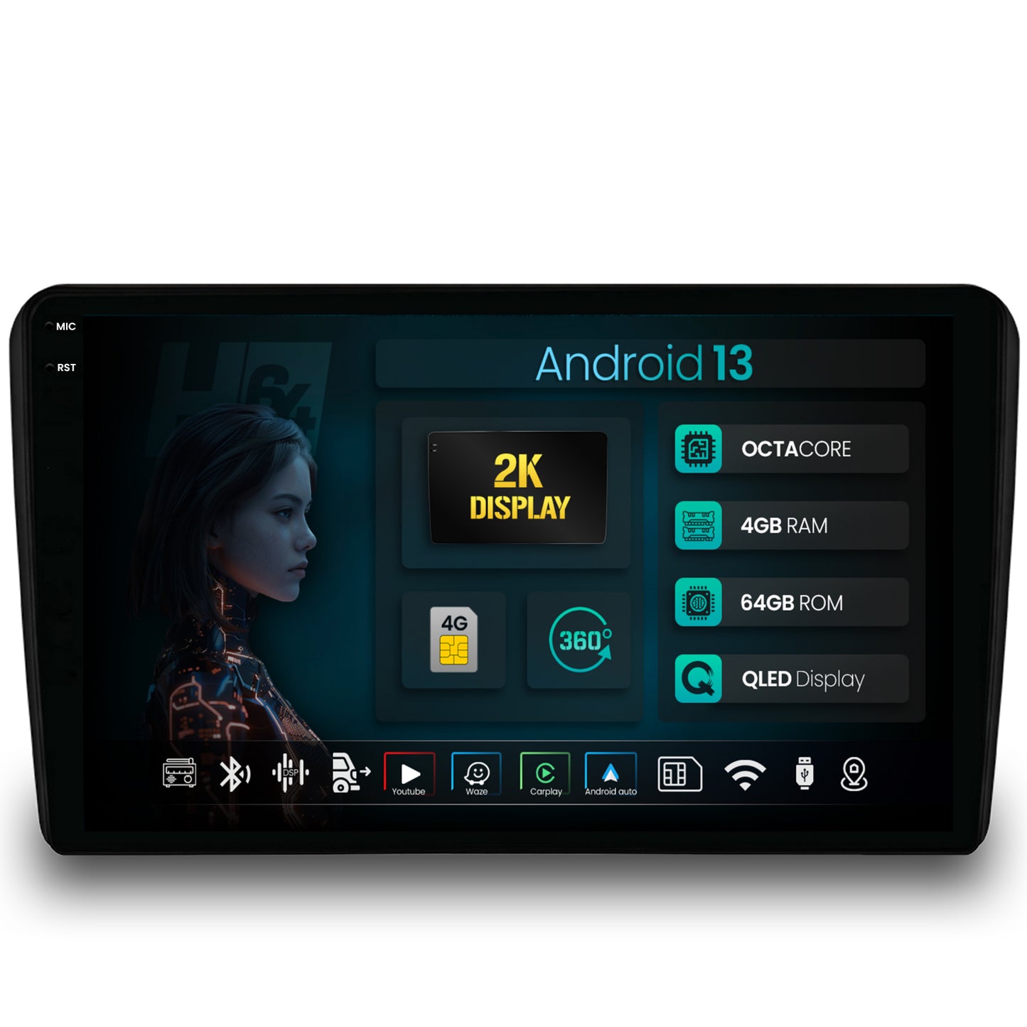 Navigatie 2K HUB64 Audi A3/ S3/ RS3, 4GB RAM, Android, Octacore, Slot Sim 4G, DSP, GPS, Wi-FI, Carplay, Android Auto, USB, Bluetooth, Waze, Touchscreen, 9.5 Inch