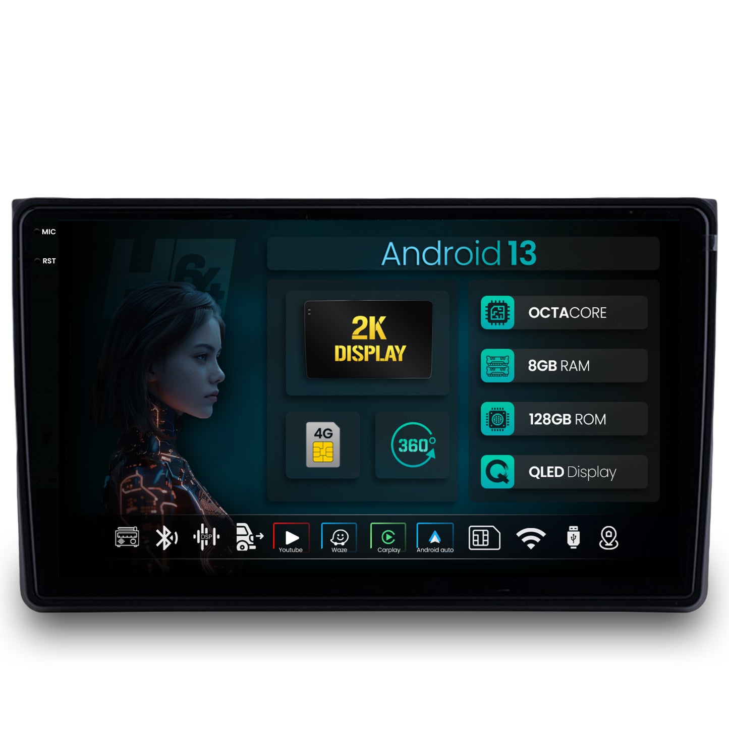 Navigatie 2K HUB64 Audi A4(B6/B7) / SEAT EXEO, 8GB RAM, Android, Octacore, Slot Sim 4G, DSP, GPS, Wi-FI, Carplay, Android Auto, USB, Bluetooth, Waze, Touchscreen, 9.5 Inch