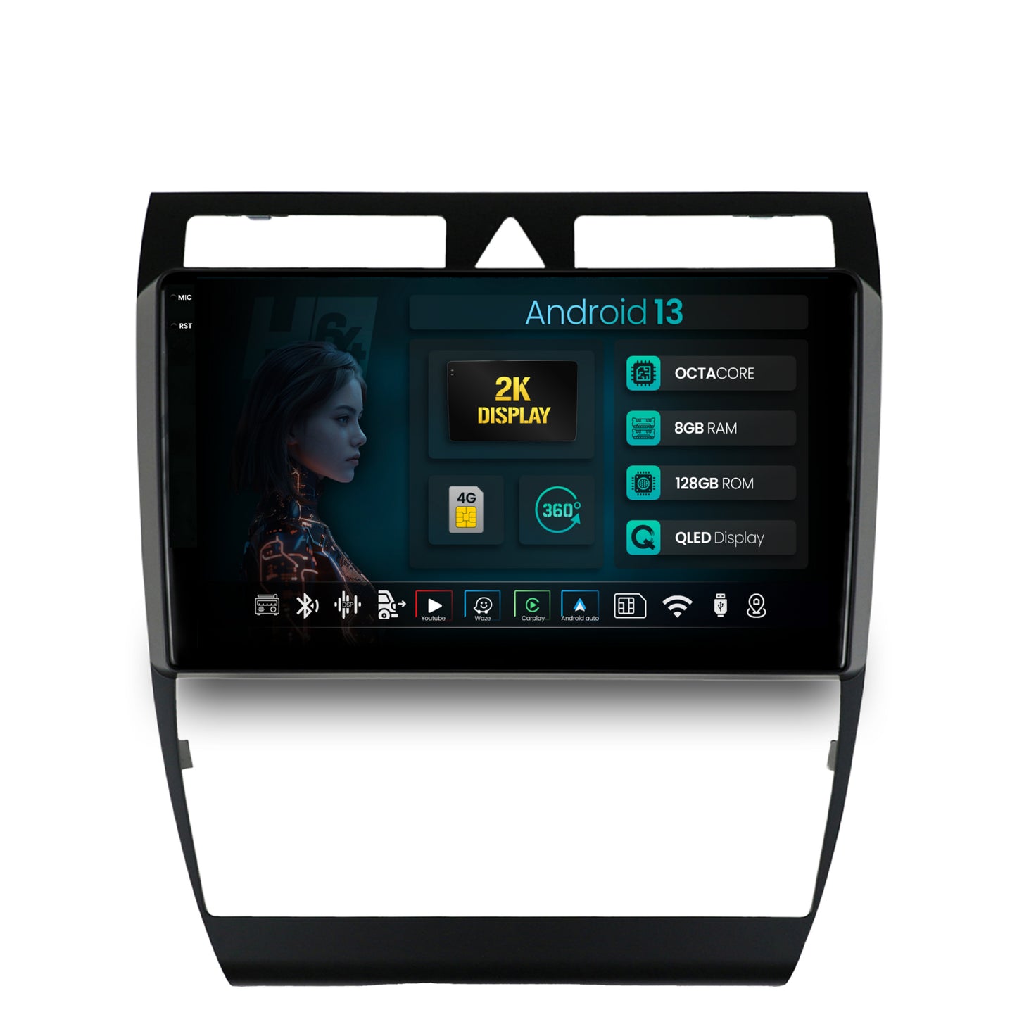 Navigatie 2K HUB64 Audi A6 (1999-2004), 8GB RAM, Android, Octacore, Slot Sim 4G, DSP, GPS, Wi-FI, Carplay, Android Auto, USB, Bluetooth, Waze, Touchscreen, 9.5 Inch