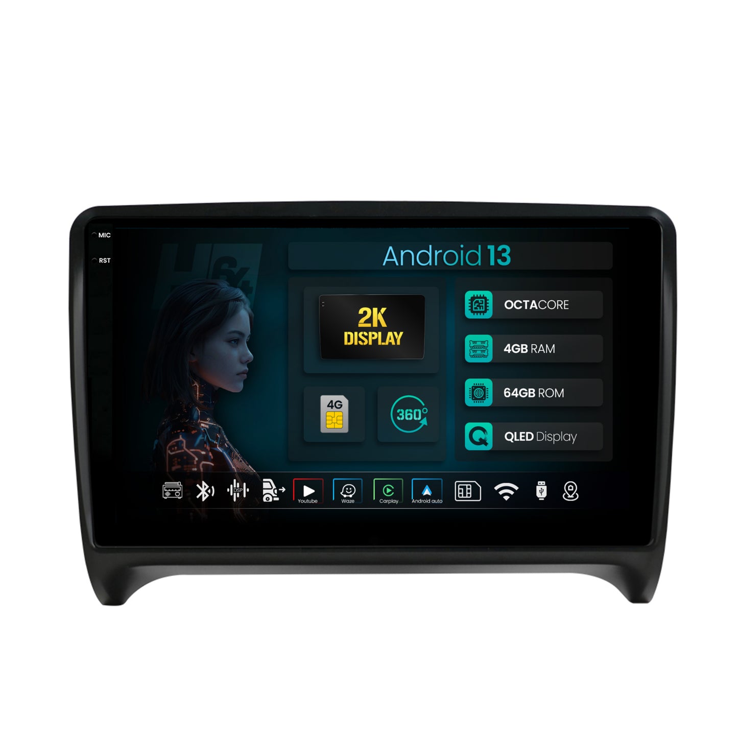 Navigatie 2K HUB64 Audi TT, 4GB RAM, Android, Octacore, Slot Sim 4G, DSP, GPS, Wi-FI, Carplay, Android Auto, USB, Bluetooth, Waze, Touchscreen, 9.5 Inch