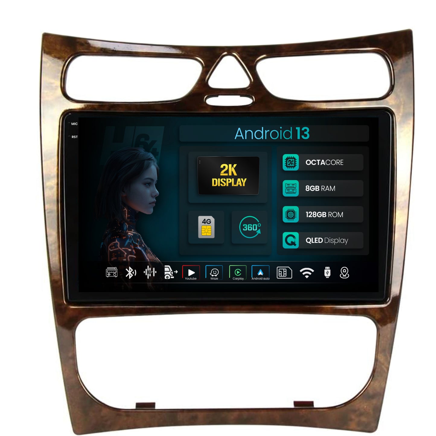 Navigatie 2K HUB64 Benz CLK (W209) (2002-2005), 8GB RAM, Android, Octacore, Slot Sim 4G, DSP, GPS, Wi-FI, Carplay, Android Auto, USB, Bluetooth, Waze, Touchscreen, 9.5 Inch