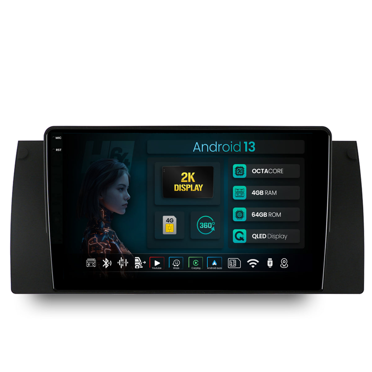 Navigatie 2K HUB64 BMW E39/E53/E38, 4GB RAM, Android, Octacore, Slot Sim 4G, DSP, GPS, Wi-FI, Carplay, Android Auto, USB, Bluetooth, Waze, Touchscreen, 9.5 Inch
