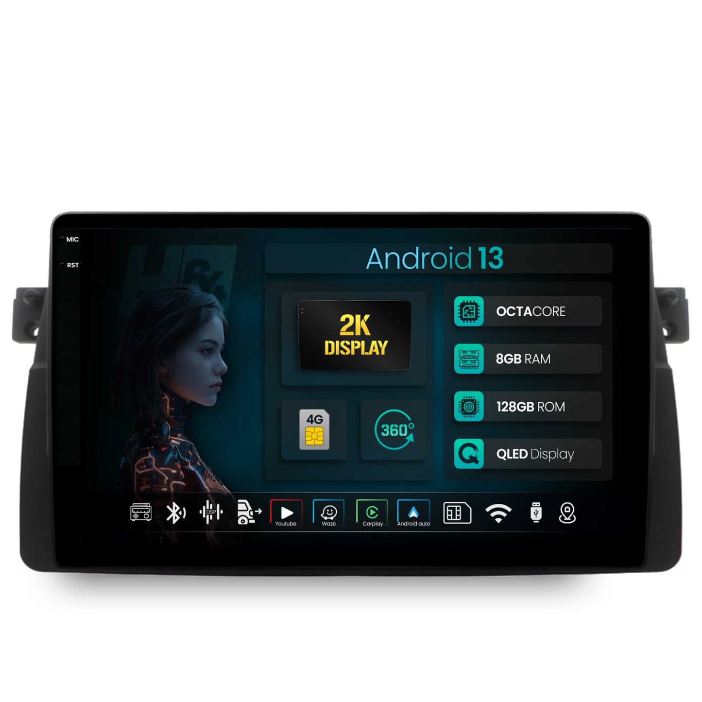 Navigatie 2K HUB64 BMW E46, 8GB RAM, Android, Octacore, Slot Sim 4G, DSP, GPS, Wi-FI, Carplay, Android Auto, USB, Bluetooth, Waze, Touchscreen, 9.5 Inch