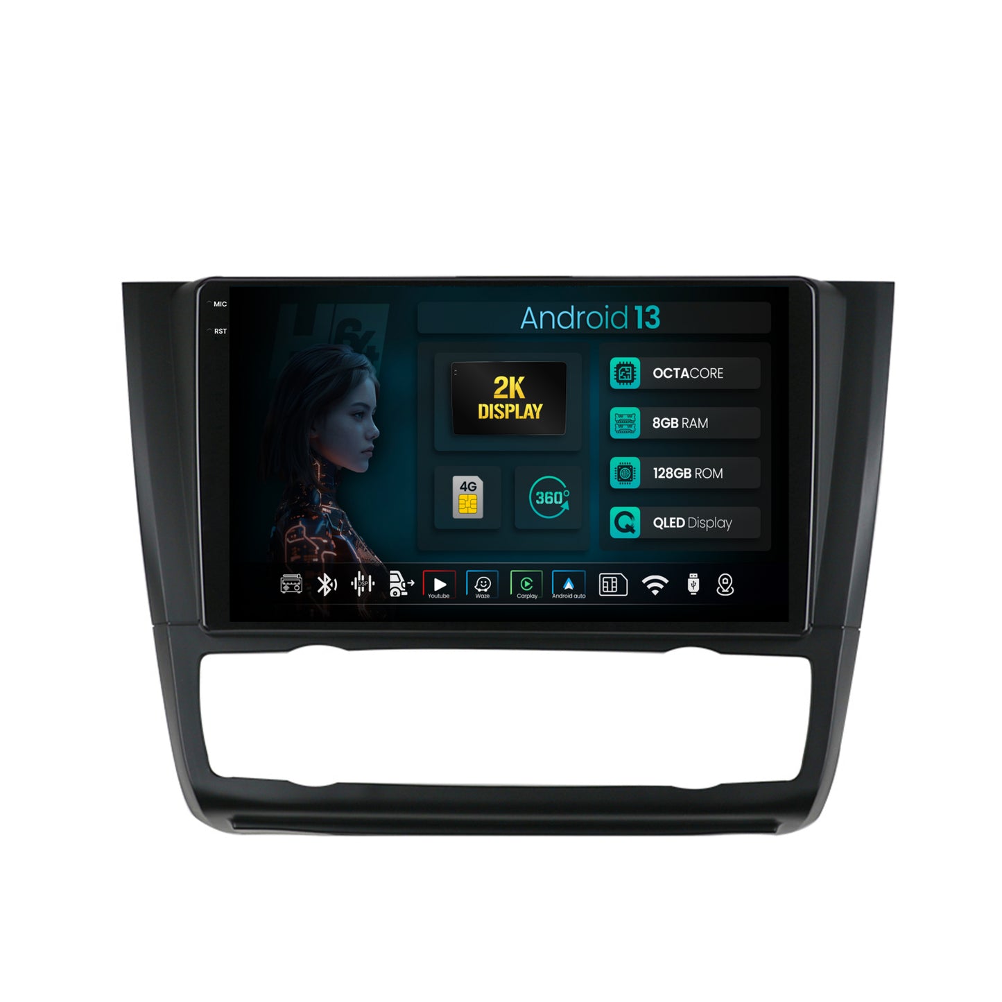 Navigatie 2K HUB64 BMW Seria 1 E87 (2007-2011), Clima Automata, 8GB RAM, Android, Octacore, Slot Sim 4G, DSP, GPS, Wi-FI, Carplay, Android Auto, USB, Bluetooth, Waze, Touchscreen, 9.5 Inch