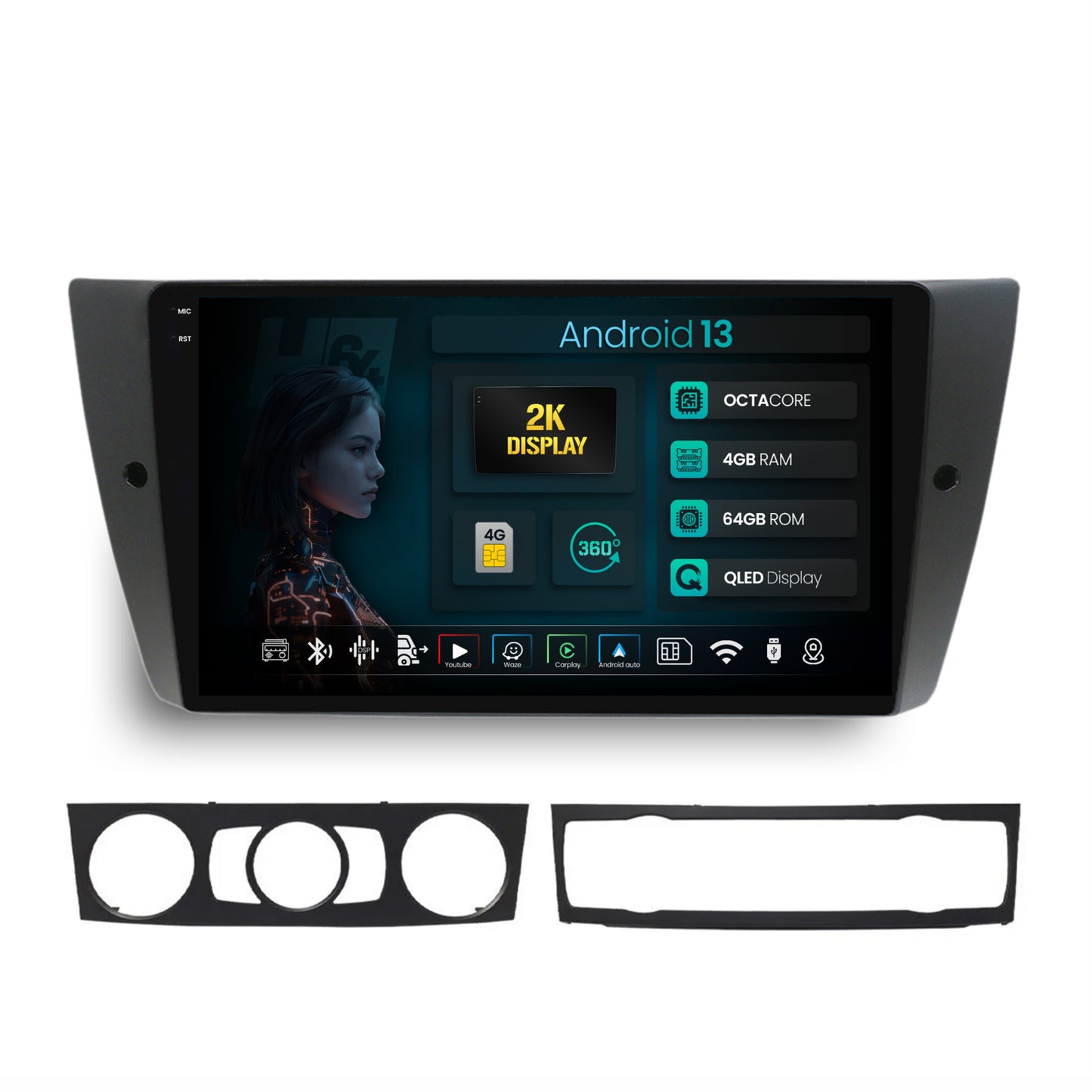 Navigatie 2K HUB64 BMW Seria 3 E90, E91, E92, 4GB RAM, Android, Octacore, Slot Sim 4G, DSP, GPS, Wi-FI, Carplay, Android Auto, USB, Bluetooth, Waze, Touchscreen, 9.5 Inch