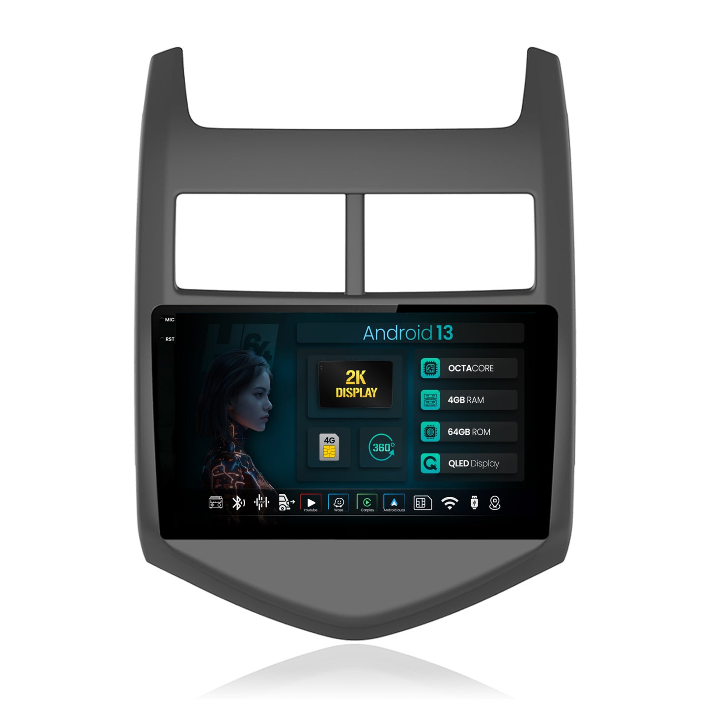Navigatie 2K HUB64 Chevrolet Aveo 2 (2010-2015), 4GB RAM, Android, Octacore, Slot Sim 4G, DSP, GPS, Wi-FI, Carplay, Android Auto, USB, Bluetooth, Waze, Touchscreen, 9.5 Inch