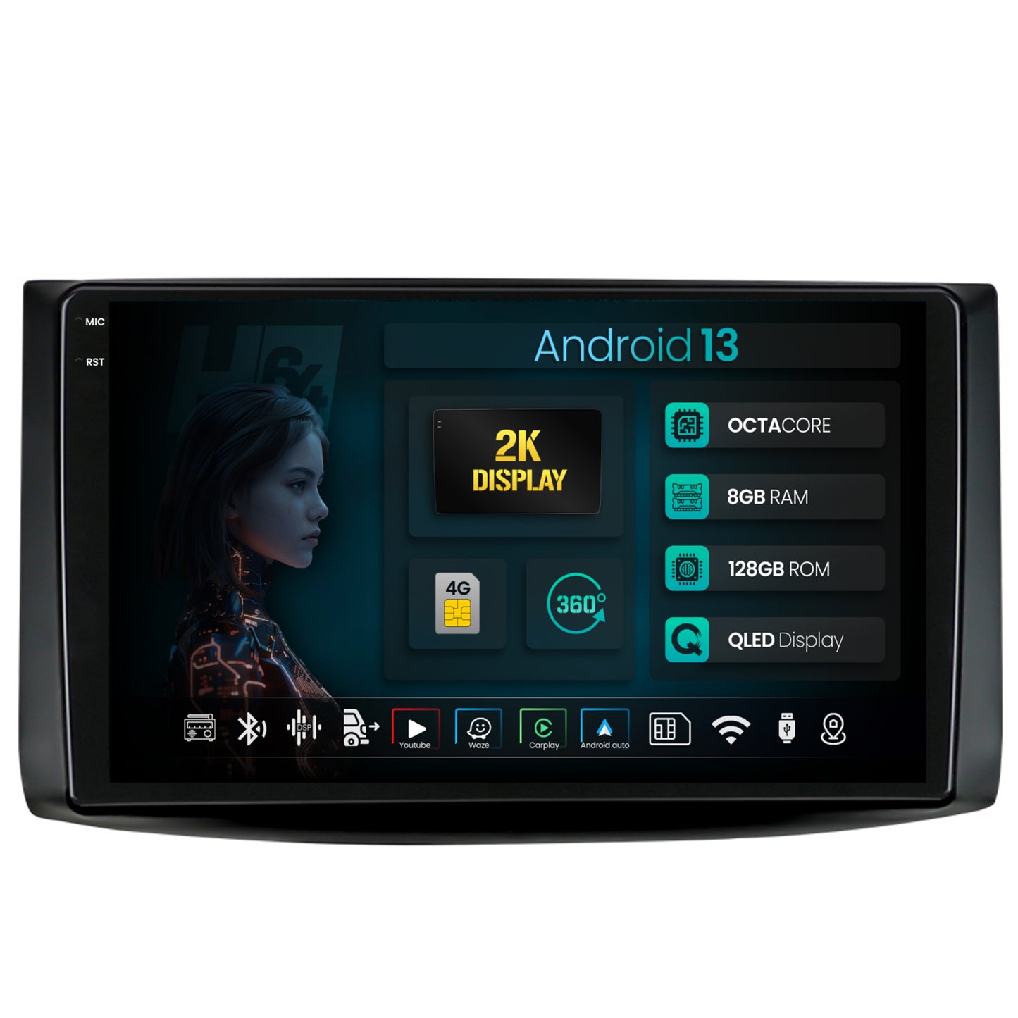Navigatie 2K HUB64 Chevrolet Aveo (2006-2012), 8GB RAM, Android, Octacore, Slot Sim 4G, DSP, GPS, Wi-FI, Carplay, Android Auto, USB, Bluetooth, Waze, Touchscreen, 9.5 Inch