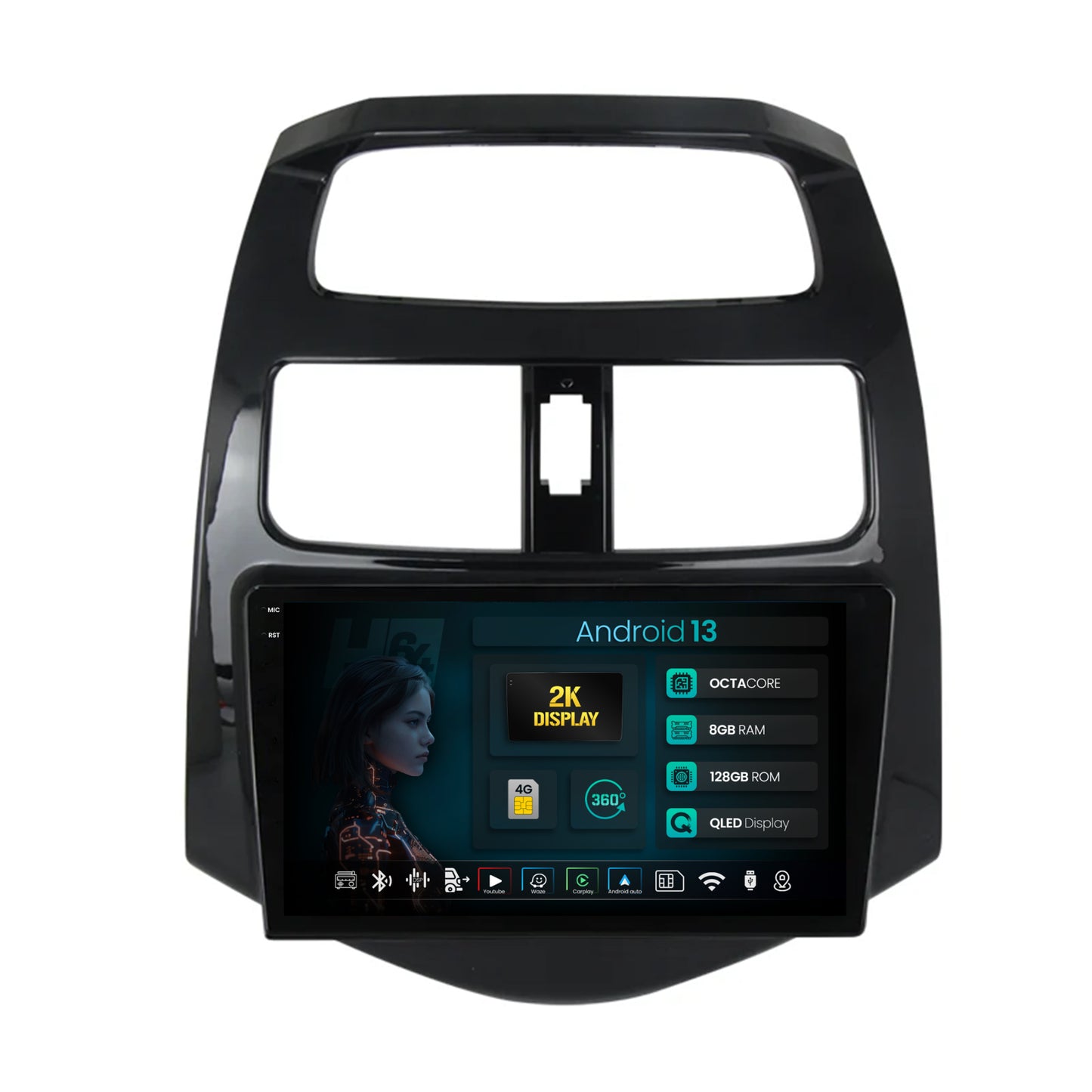 Navigatie 2K HUB64 Daewoo Matiz / Chevrolet Spark (2010-2014), 8GB RAM, Android, Octacore, Slot Sim 4G, DSP, GPS, Wi-FI, Carplay, Android Auto, USB, Bluetooth, Waze, Touchscreen, 9.5 Inch