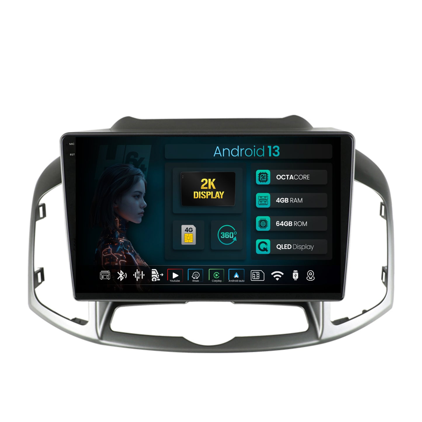 Navigatie 2K HUB64 Chevrolet Captiva (2011-2018), 4GB RAM, Android, Octacore, Slot Sim 4G, DSP, GPS, Wi-FI, Carplay, Android Auto, USB, Bluetooth, Waze, Touchscreen, 10.36 Inch