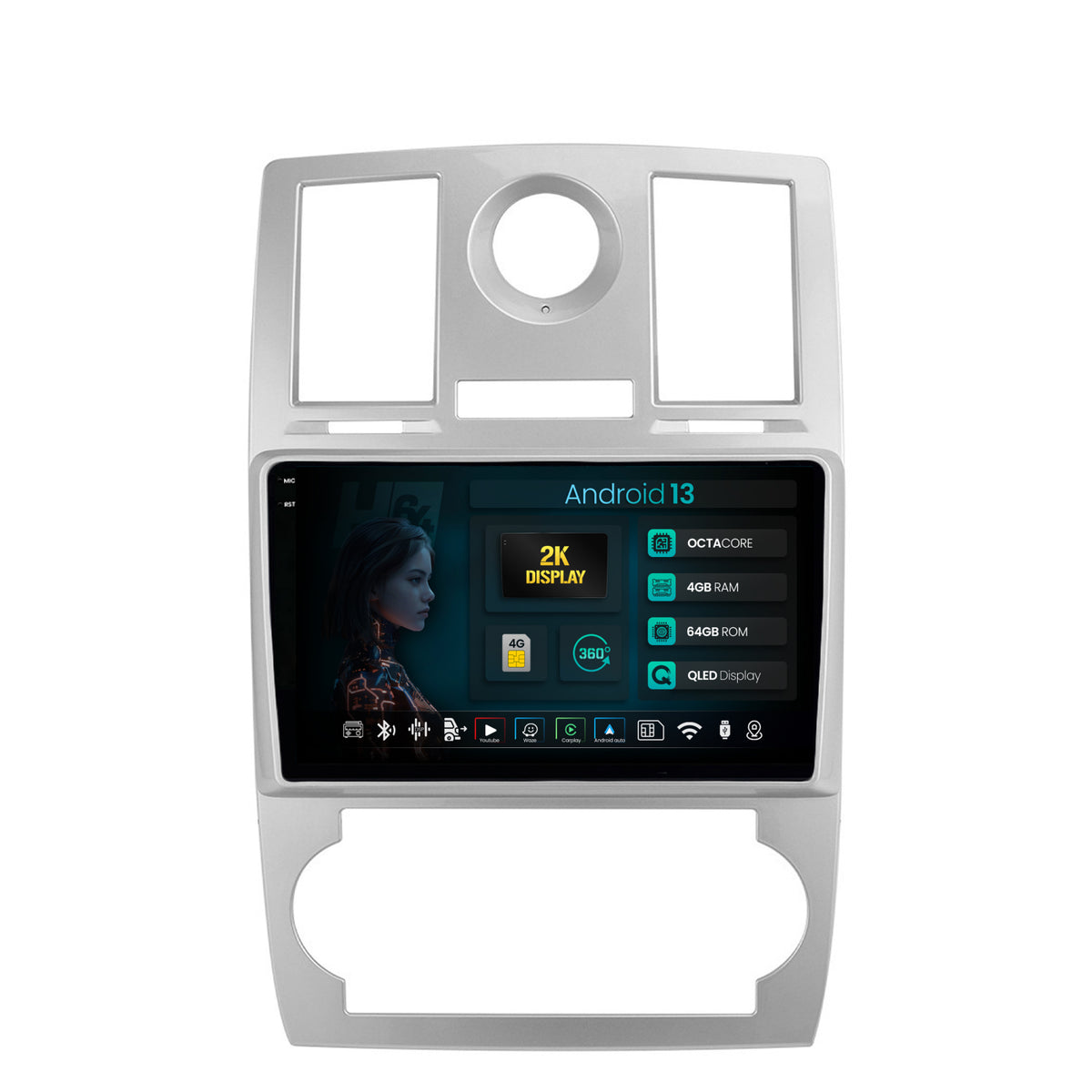 Navigatie 2K HUB64 Chrysler 300C (2004-2011), 4GB RAM, Android, Octacore, Slot Sim 4G, DSP, GPS, Wi-FI, Carplay, Android Auto, USB, Bluetooth, Waze, Touchscreen, 9.5 Inch