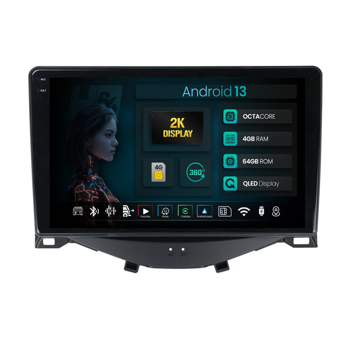 Navigatie 2K HUB64 Citroen C1 / Peugeot 108 / Toyota AYGO (2014-2022), 4GB RAM, Android, Octacore, Slot Sim 4G, DSP, GPS, Wi-FI, Carplay, Android Auto, USB, Bluetooth, Waze, Touchscreen, 9.5 Inch