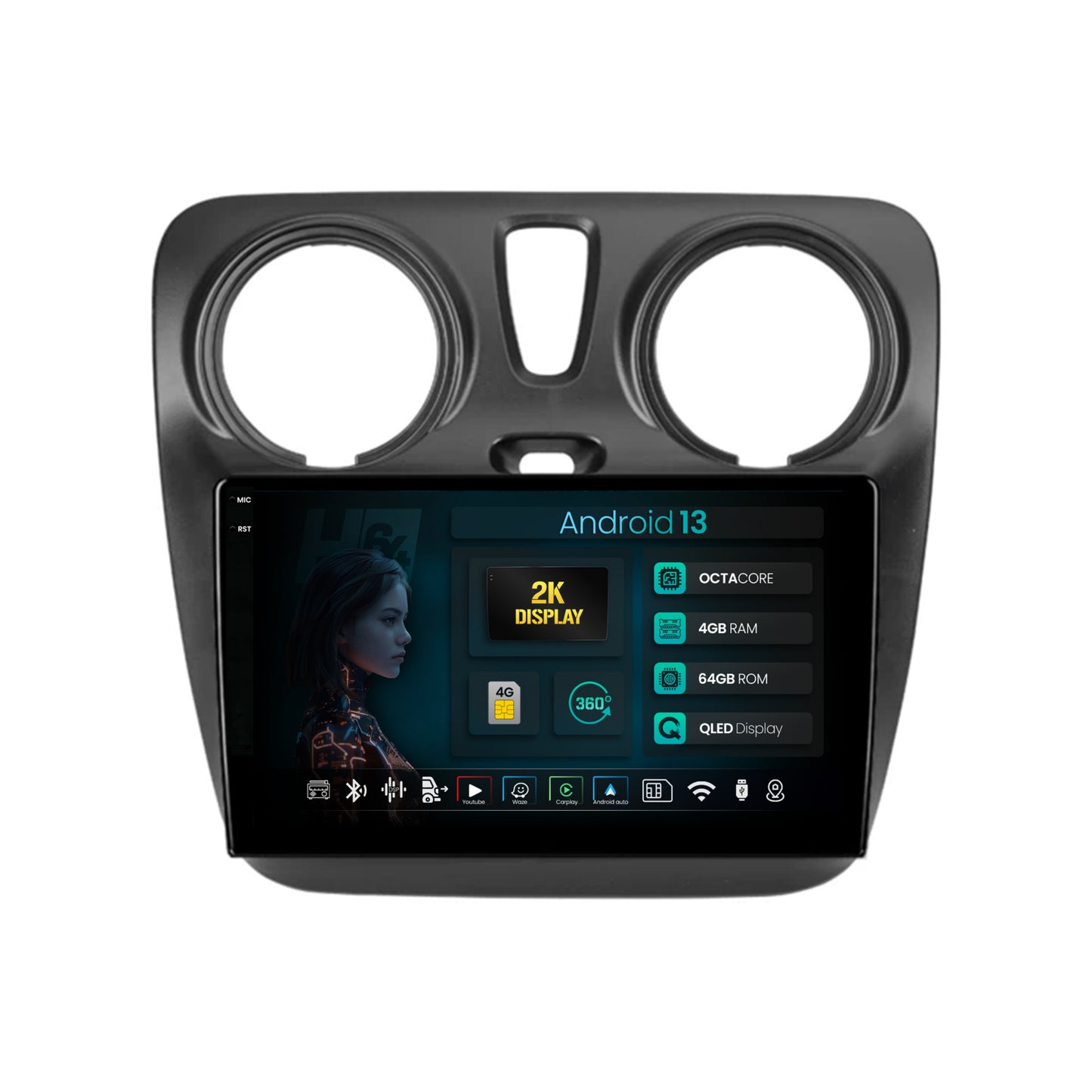 Navigatie 2K HUB64 Dacia Dokker / Lodgy, 4GB RAM, Android, Octacore, Slot Sim 4G, DSP, GPS, Wi-FI, Carplay, Android Auto, USB, Bluetooth, Waze, Touchscreen, 9.5 Inch