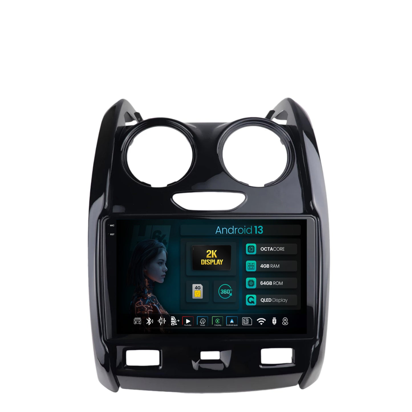 Navigatie 2K HUB64 Dacia Duster (2012-2019), 4GB RAM, Android, Octacore, Slot Sim 4G, DSP, GPS, Wi-FI, Carplay, Android Auto, USB, Bluetooth, Waze, Touchscreen, 9.5 Inch