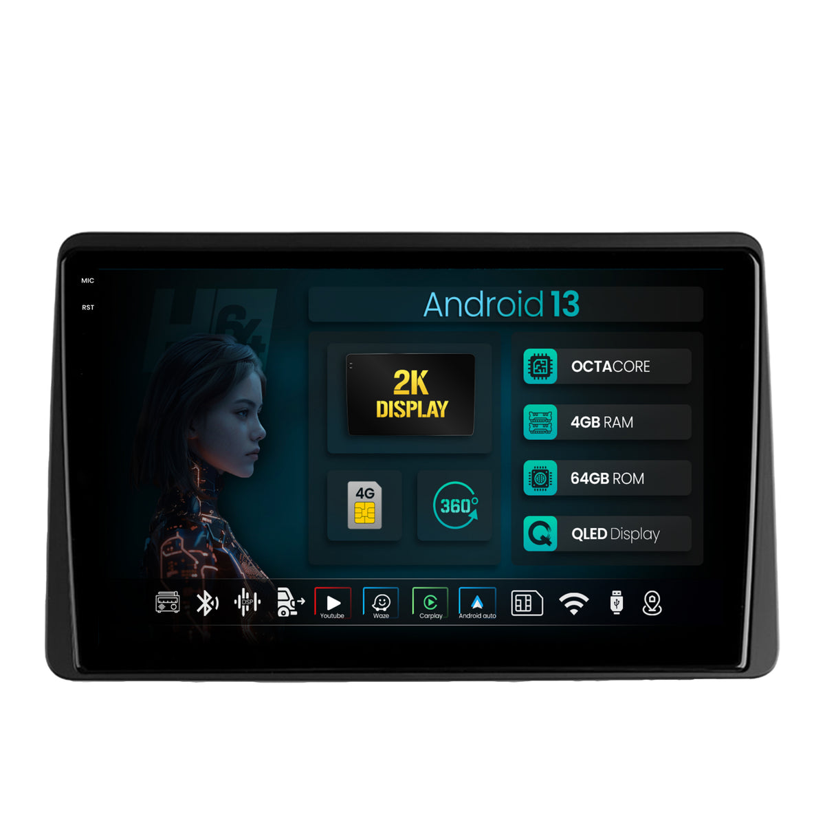 Navigatie 2K HUB64 Dacia Duster (2018-2021), 4GB RAM, Android, Octacore, Slot Sim 4G, DSP, GPS, Wi-FI, Carplay, Android Auto, USB, Bluetooth, Waze, Touchscreen, 10.36 Inch