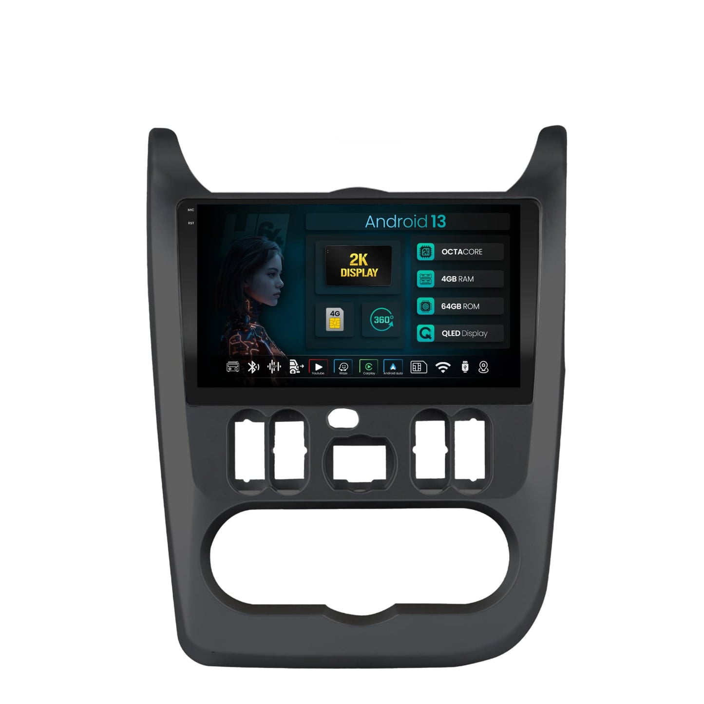 Navigatie 2K HUB64 Dacia Logan / Duster / Sandero (2009-2015), 4GB RAM, Android, Octacore, Slot Sim 4G, DSP, GPS, Wi-FI, Carplay, Android Auto, USB, Bluetooth, Waze, Touchscreen, 9.5" Inch