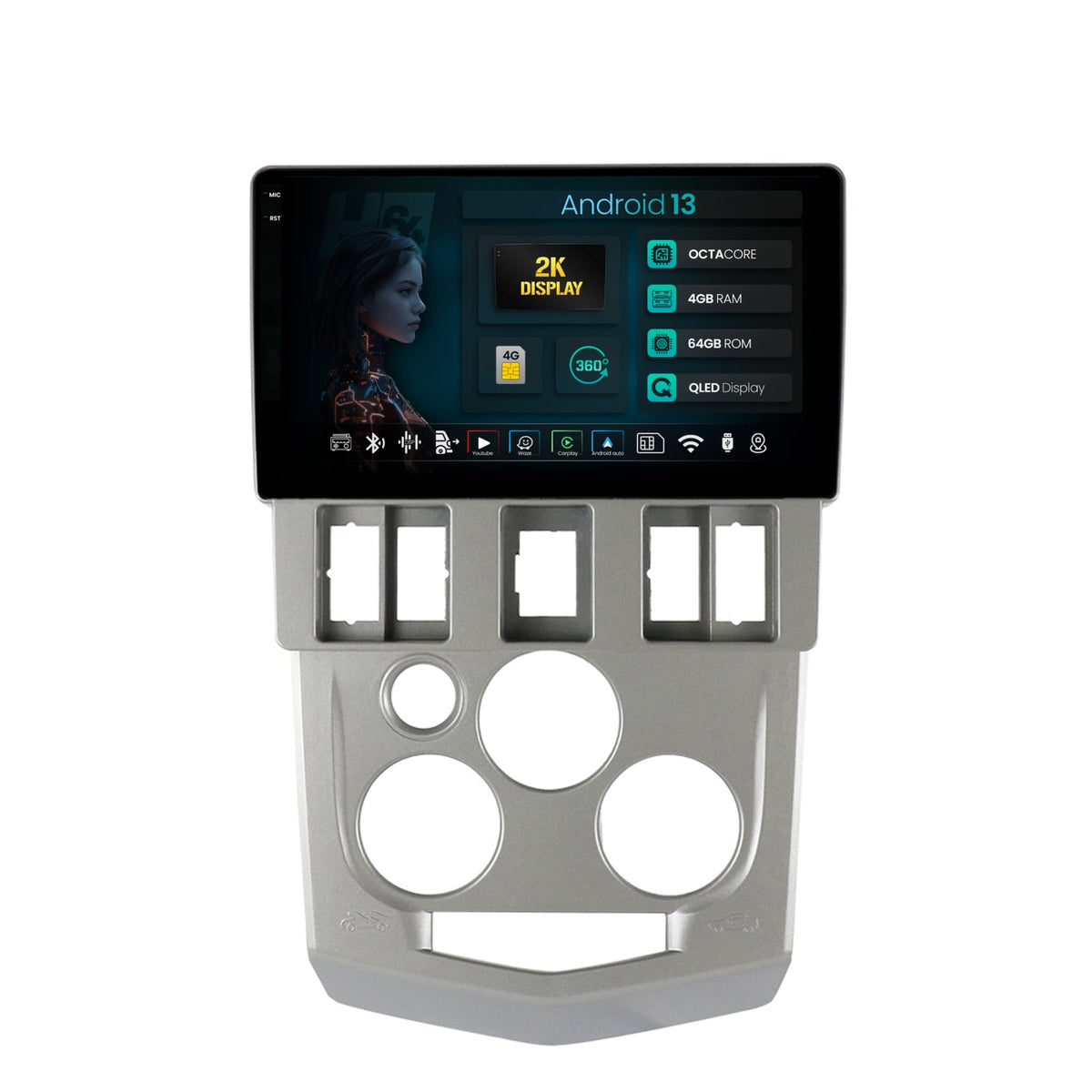 Navigatie 2K HUB64 Dacia Logan PH1 (2004-2009), 4GB RAM, Android, Octacore, Slot Sim 4G, DSP, GPS, Wi-FI, Carplay, Android Auto, USB, Bluetooth, Waze, Touchscreen, 9.5 Inch