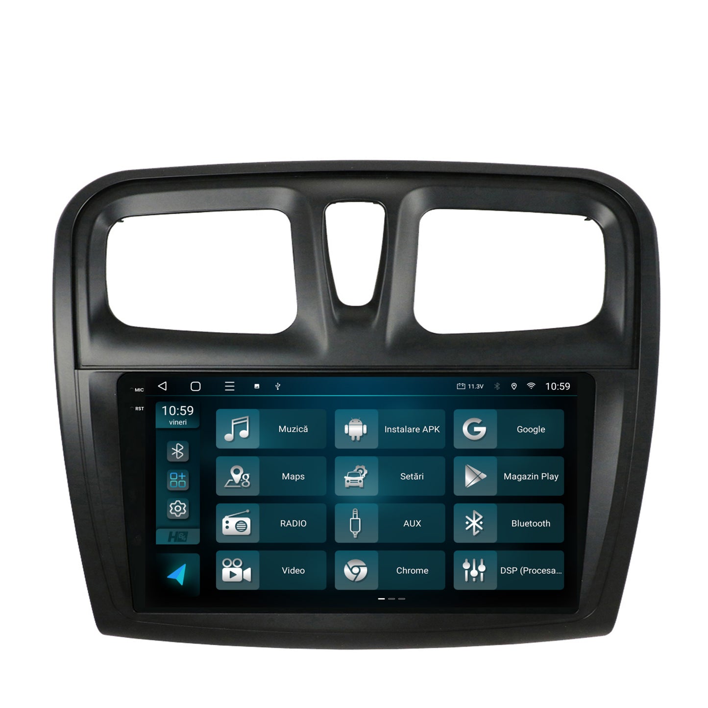 Navigatie 2K HUB64 Dacia Logan / Sandero, 4GB RAM, Android, Octacore, Slot Sim 4G, DSP, GPS, Wi-FI, Carplay, Android Auto, USB, Bluetooth, Waze, Touchscreen, 9.5 Inch
