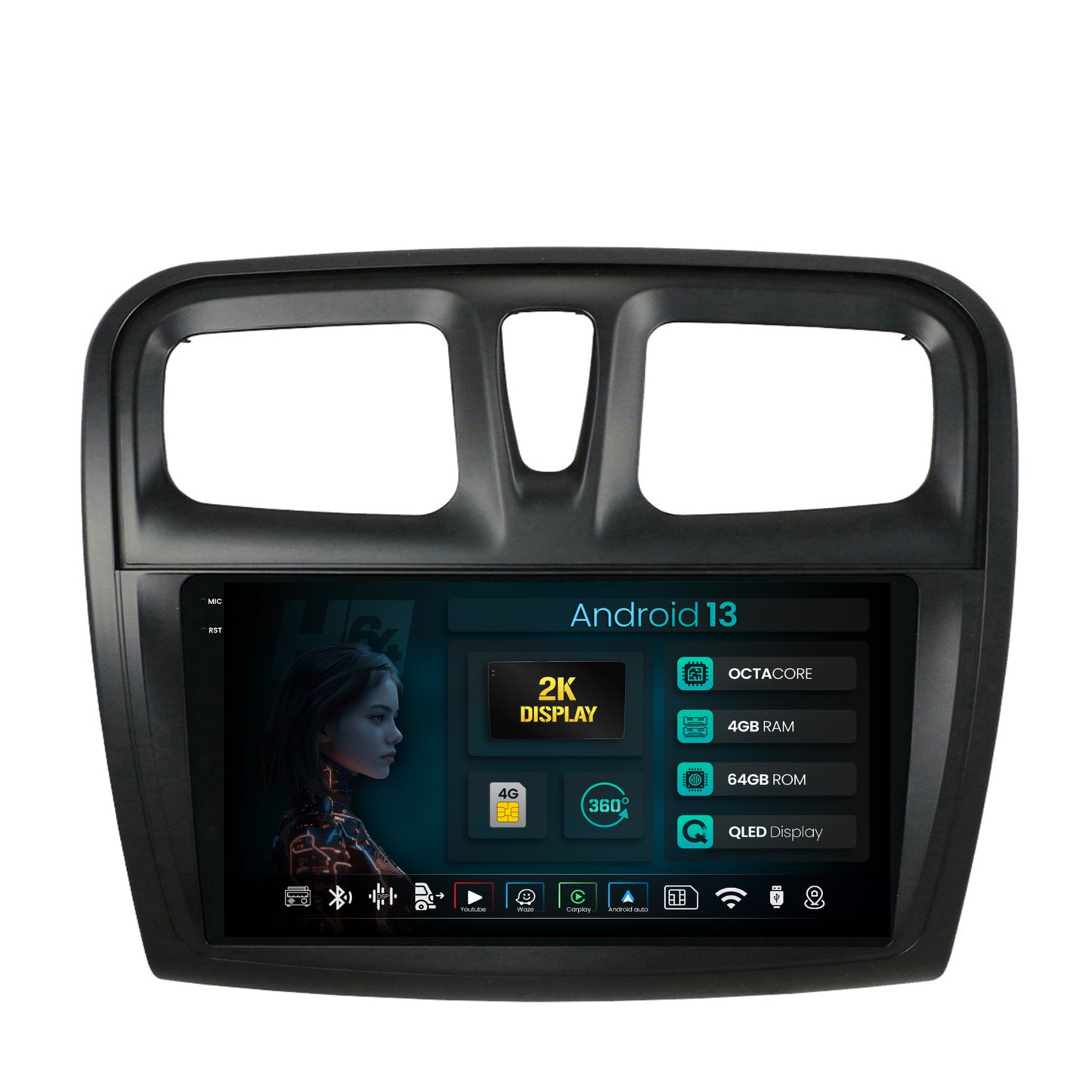 Navigatie 2K HUB64 Dacia Logan / Sandero, 4GB RAM, Android, Octacore, Slot Sim 4G, DSP, GPS, Wi-FI, Carplay, Android Auto, USB, Bluetooth, Waze, Touchscreen, 9.5 Inch
