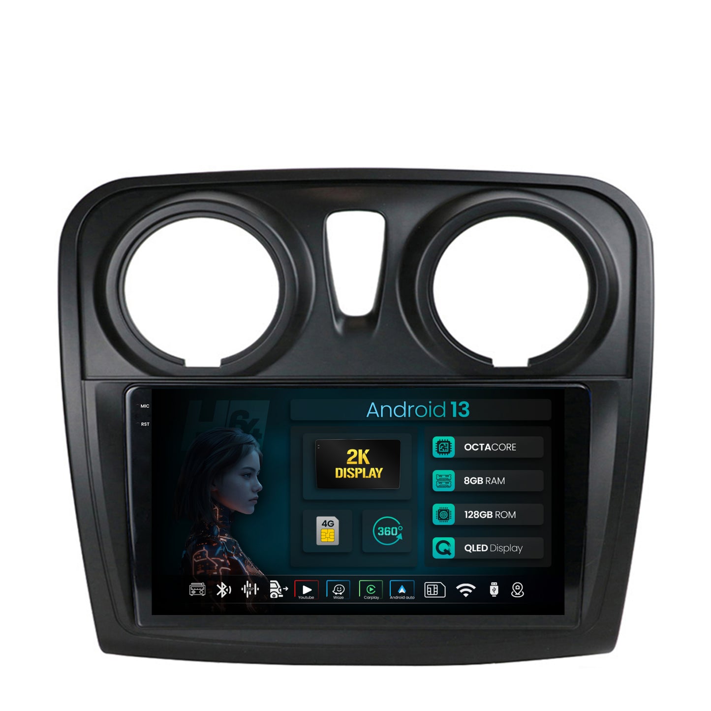Navigatie 2K HUB64 Dacia Logan / Sandero, 8GB RAM, Android, Octacore, Slot Sim 4G, DSP, GPS, Wi-FI, Carplay, Android Auto, USB, Bluetooth, Waze, Touchscreen, 9.5 Inch
