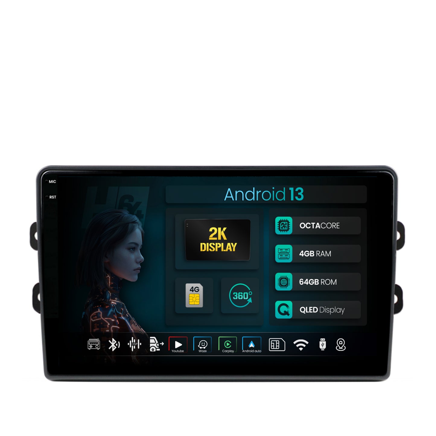 Navigatie 2K HUB64 Dacia/Renault, 4GB RAM, Android, Octacore, Slot Sim 4G, DSP, GPS, Wi-FI, Carplay, Android Auto, USB, Bluetooth, Waze, Touchscreen, 9.5 Inch
