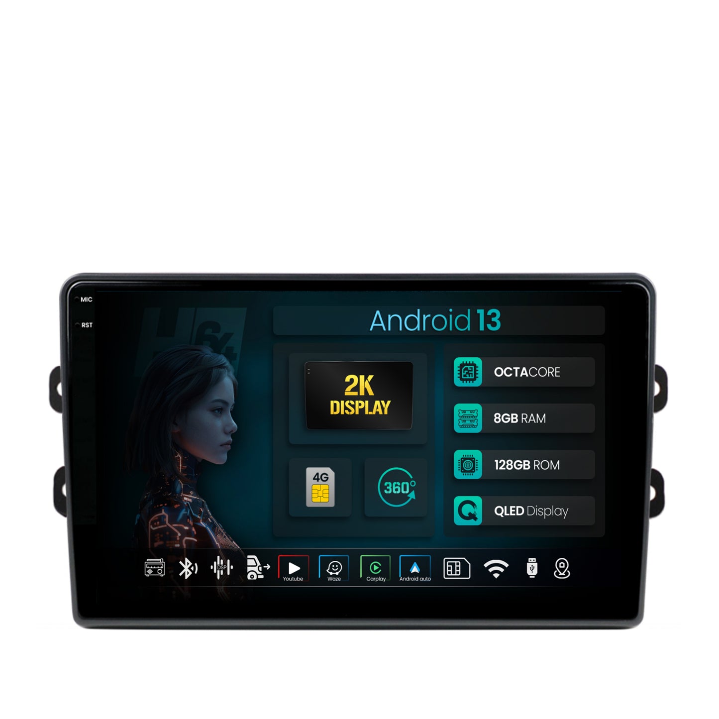 Navigatie 2K HUB64 Dacia/Renault, 8GB RAM, Android, Octacore, Slot Sim 4G, DSP, GPS, Wi-FI, Carplay, Android Auto, USB, Bluetooth, Waze, Touchscreen, 9.5 Inch