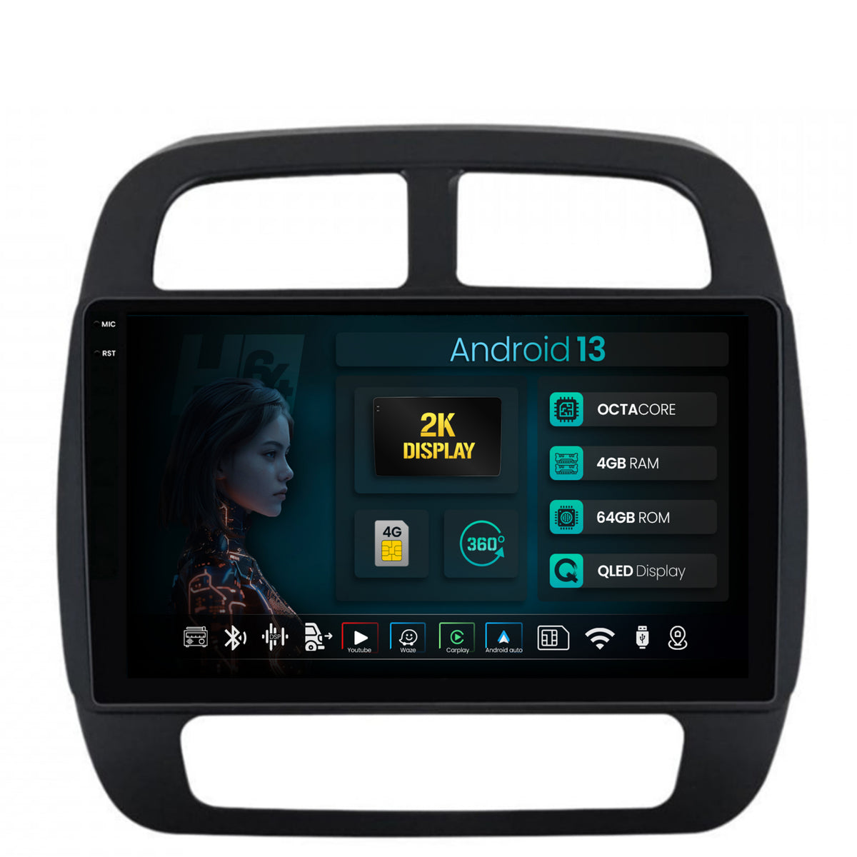 Navigatie 2K HUB64 Dacia Spring (2021- Prezent), 4GB RAM, Android, Octacore, Slot Sim 4G, DSP, GPS, Wi-FI, Carplay, Android Auto, USB, Bluetooth, Waze, Touchscreen, 9.5 Inch