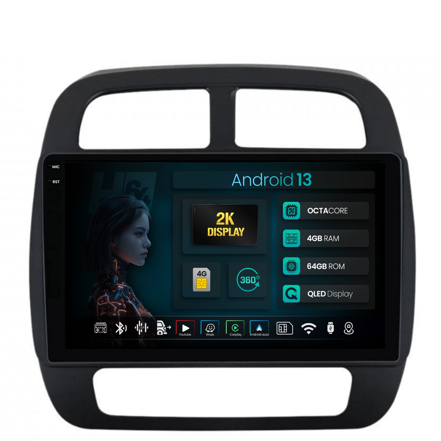 Navigatie 2K HUB64 Dacia Spring (2021- Prezent), 4GB RAM, Android, Octacore, Slot Sim 4G, DSP, GPS, Wi-FI, Carplay, Android Auto, USB, Bluetooth, Waze, Touchscreen, 9.5 Inch