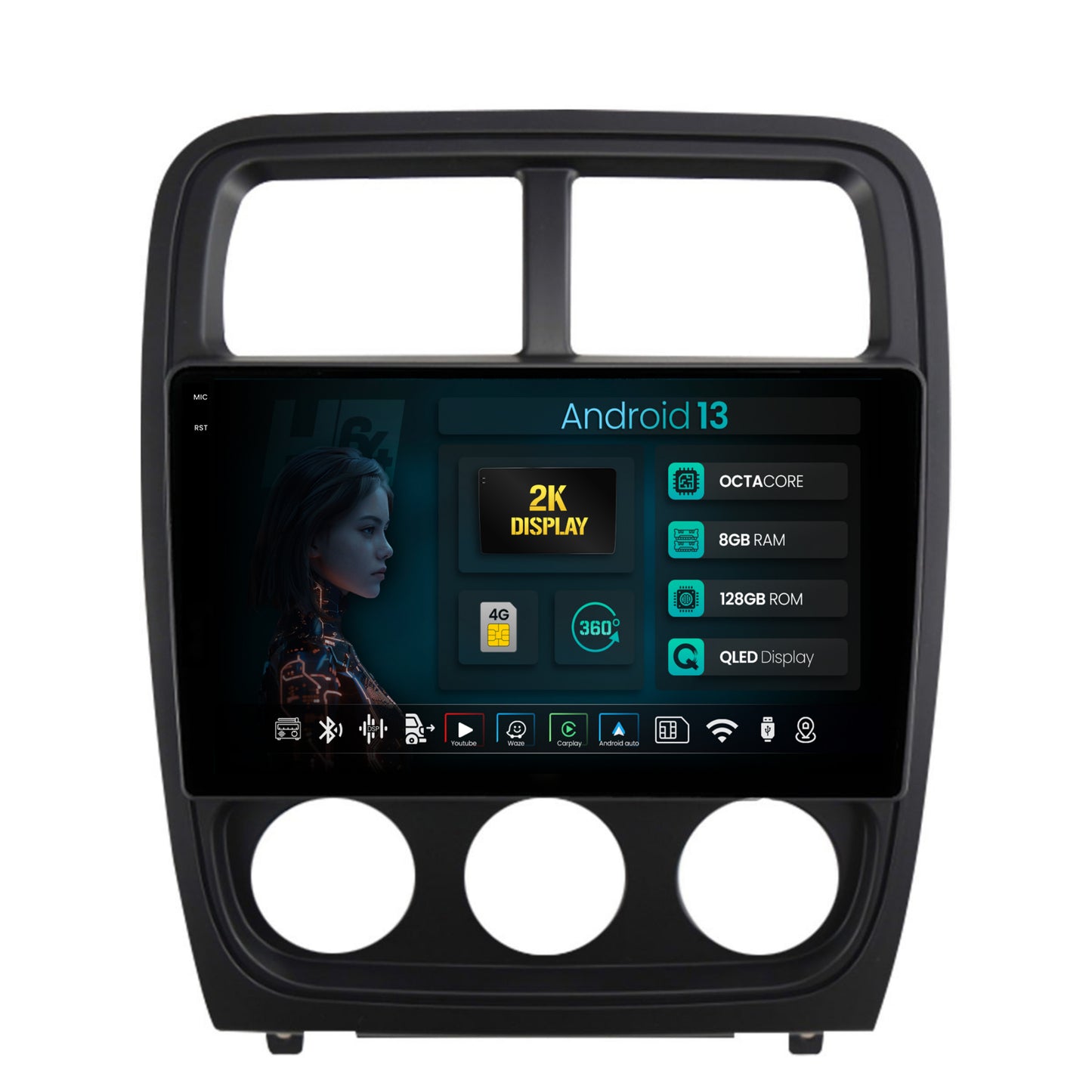 Navigatie 2K HUB64 Dodge Caliber (2010-2012), 8GB RAM, Android, Octacore, Slot Sim 4G, DSP, GPS, Wi-FI, Carplay, Android Auto, USB, Bluetooth, Waze, Touchscreen, 9.5 Inch