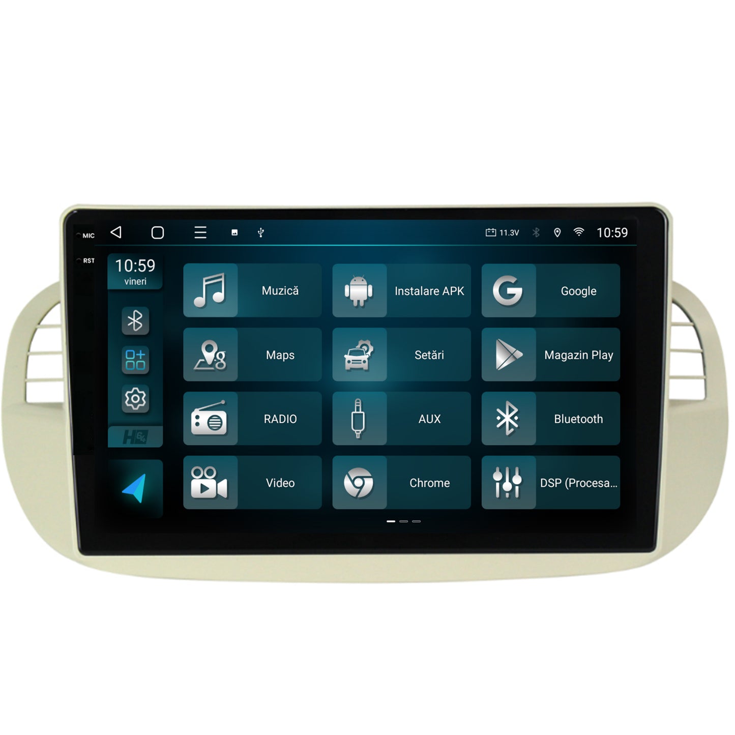 Navigatie 2K HUB64 Fiat 500 (2007-2014), 4GB RAM, Android, Octacore, Slot Sim 4G, DSP, GPS, Wi-FI, Carplay, Android Auto, USB, Bluetooth, Waze, Touchscreen, 9.5 Inch