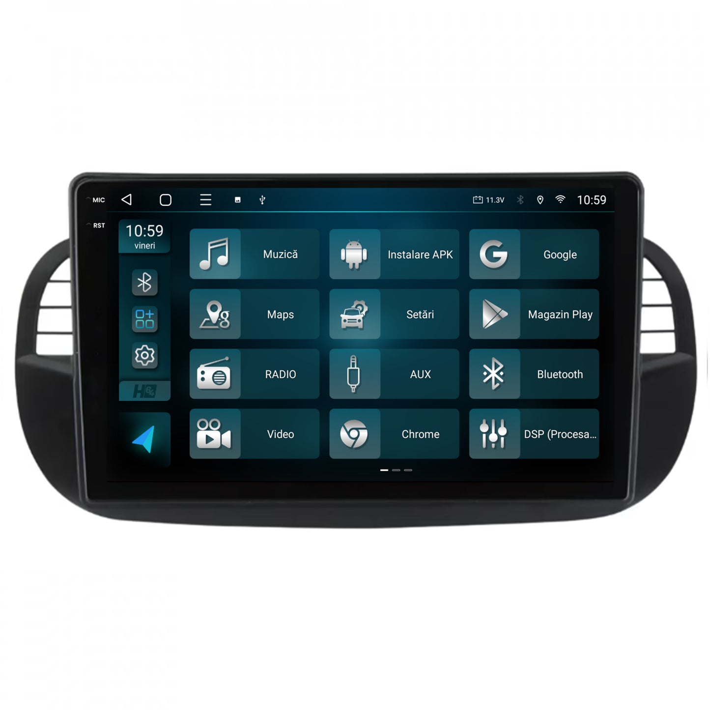 Navigatie 2K HUB64 Fiat 500 (2007-2014), 8GB RAM, Android, Octacore, Slot Sim 4G, DSP, GPS, Wi-FI, Carplay, Android Auto, USB, Bluetooth, Waze, Touchscreen, 9.5 Inch