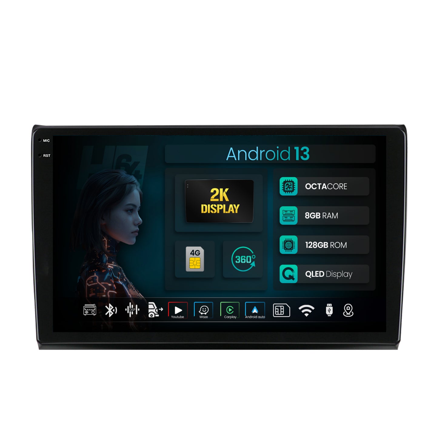 Navigatie 2K HUB64 Fiat Bravo (2006-2014), 8GB RAM, Android, Octacore, Slot Sim 4G, DSP, GPS, Wi-FI, Carplay, Android Auto, USB, Bluetooth, Waze, Touchscreen, 9.5 Inch
