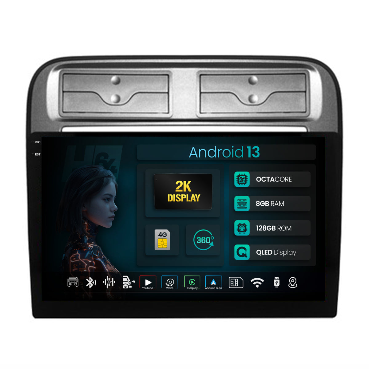 Navigatie 2K HUB64 Fiat Punto / Linea (2007-2014), 8GB RAM, Android, Octacore, Slot Sim 4G, DSP, GPS, Wi-FI, Carplay, Android Auto, USB, Bluetooth, Waze, Touchscreen, 9.5 Inch