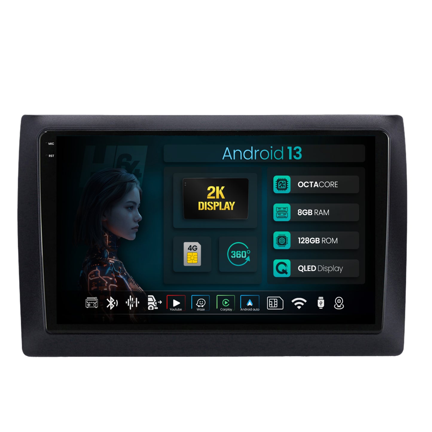 Navigatie 2K HUB64 Fiat Stilo, 8GB RAM, Android, Octacore, Slot Sim 4G, DSP, GPS, Wi-FI, Carplay, Android Auto, USB, Bluetooth, Waze, Touchscreen, 9.5 Inch