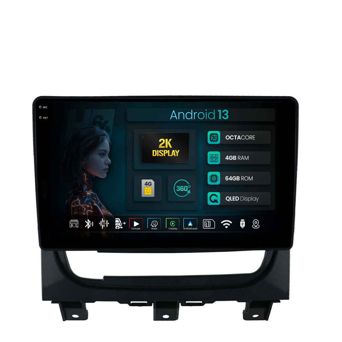 Navigatie 2K HUB64 Fiat Strada / Idea (2011-2016), 4GB RAM, Android, Octacore, Slot Sim 4G, DSP, GPS, Wi-FI, Carplay, Android Auto, USB, Bluetooth, Waze, Touchscreen, 9.5 Inch