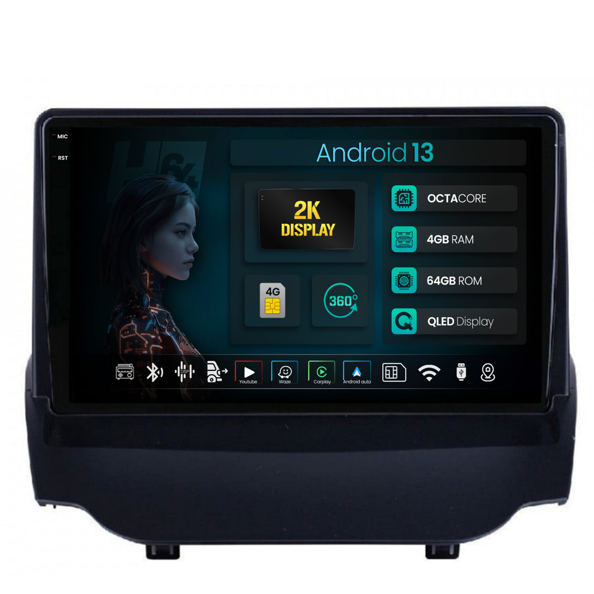 Navigatie 2K HUB64 Ford EcoSport (2013-2016) 4GB RAM, Android, Octacore, Slot Sim 4G, DSP, GPS, Wi-FI, Carplay, Android Auto, USB, Bluetooth, Waze, Touchscreen, 9.5 Inch