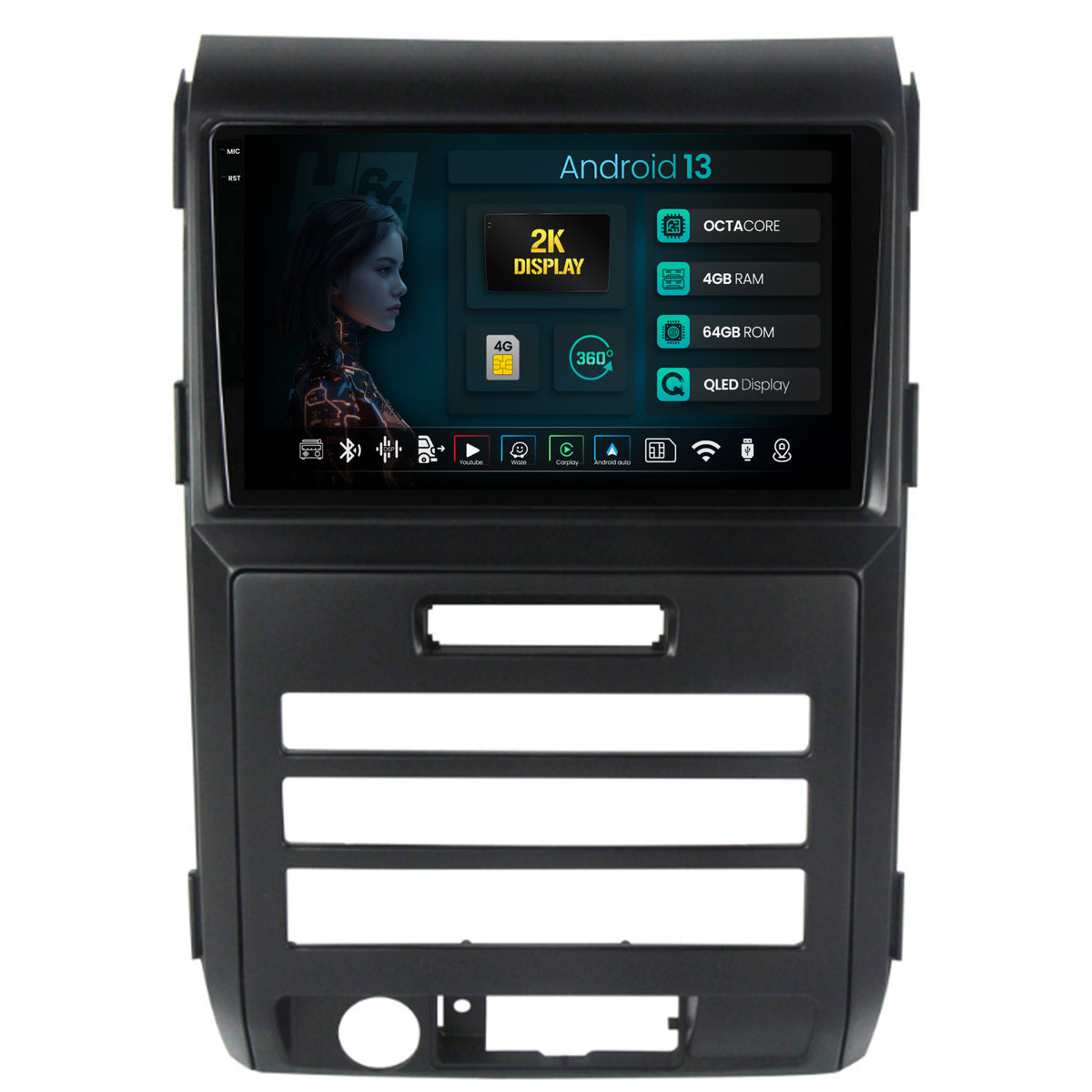 Navigatie 2K HUB64 Ford F150 (2008-2014), 4GB RAM, Android, Octacore, Slot Sim 4G, DSP, GPS, Wi-FI, Carplay, Android Auto, USB, Bluetooth, Waze, Touchscreen, 9.5 Inch