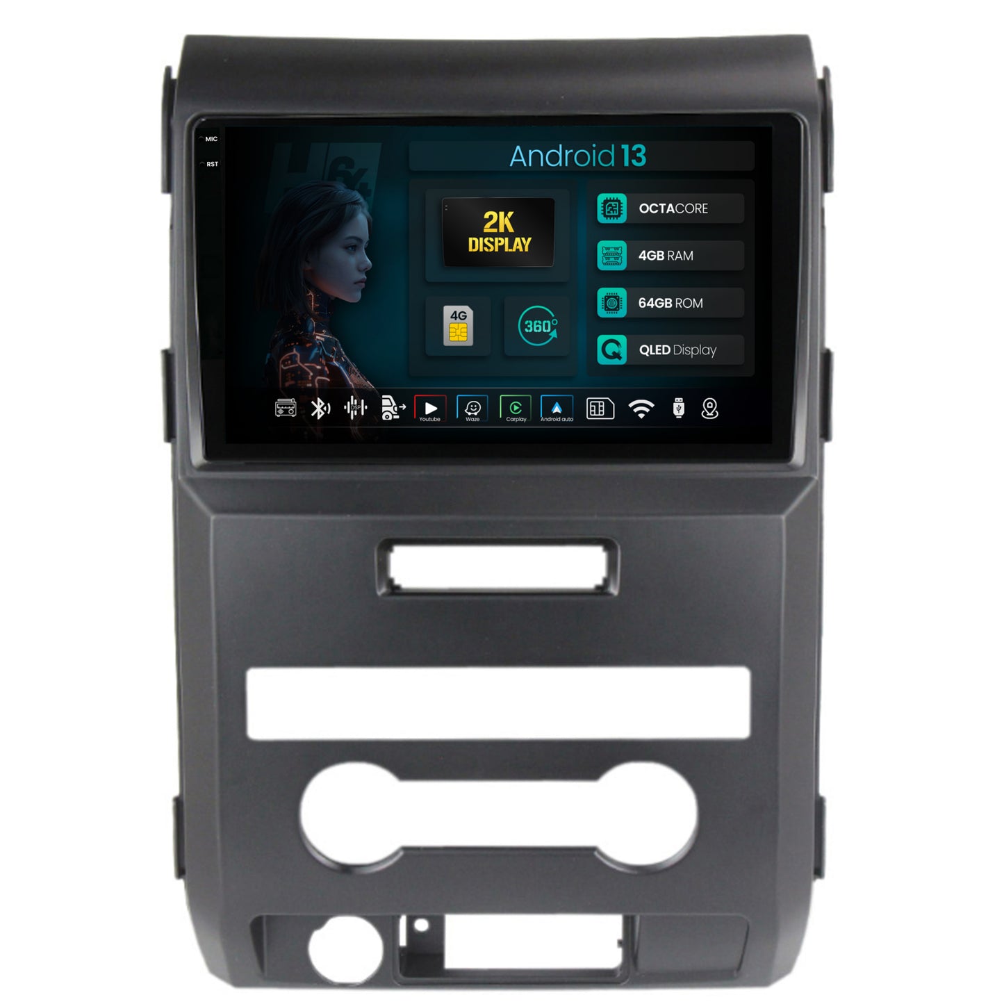 Navigatie 2K HUB64 Ford F150 (2008-2014), 4GB RAM, Android, Octacore, Slot Sim 4G, DSP, GPS, Wi-FI, Carplay, Android Auto, USB, Bluetooth, Waze, Touchscreen, 9.5 Inch