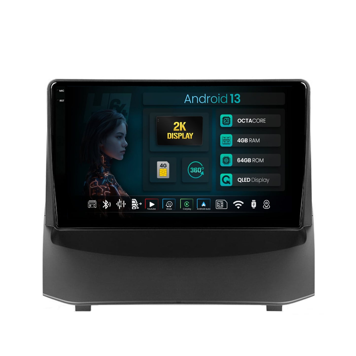 Navigatie 2K HUB64 Ford Fiesta (2009-2012), 4GB RAM, Android, Octacore, Slot Sim 4G, DSP, GPS, Wi-FI, Carplay, Android Auto, USB, Bluetooth, Waze, Touchscreen, 9.5 Inch