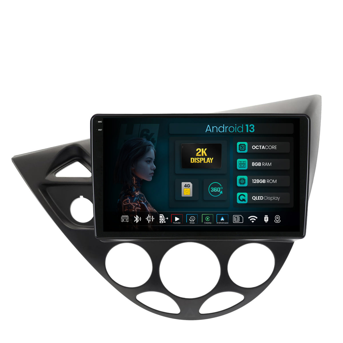 Navigatie 2K HUB64 Ford Focus 1 (1998-2004), 8GB RAM, Android, Octacore, Slot Sim 4G, DSP, GPS, Wi-FI, Carplay, Android Auto, USB, Bluetooth, Waze, Touchscreen, 9.5 Inch
