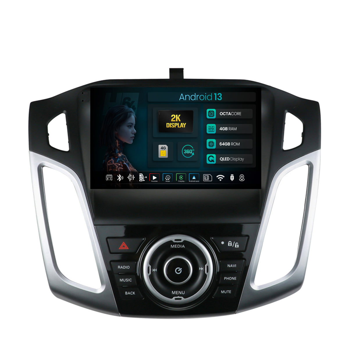 Navigatie 2K HUB64 Ford Focus 3 (2011-2019), 4GB RAM, Android, Octacore, Slot Sim 4G, DSP, GPS, Wi-FI, Carplay, Android Auto, USB, Bluetooth, Waze, Touchscreen, 9.5 Inch