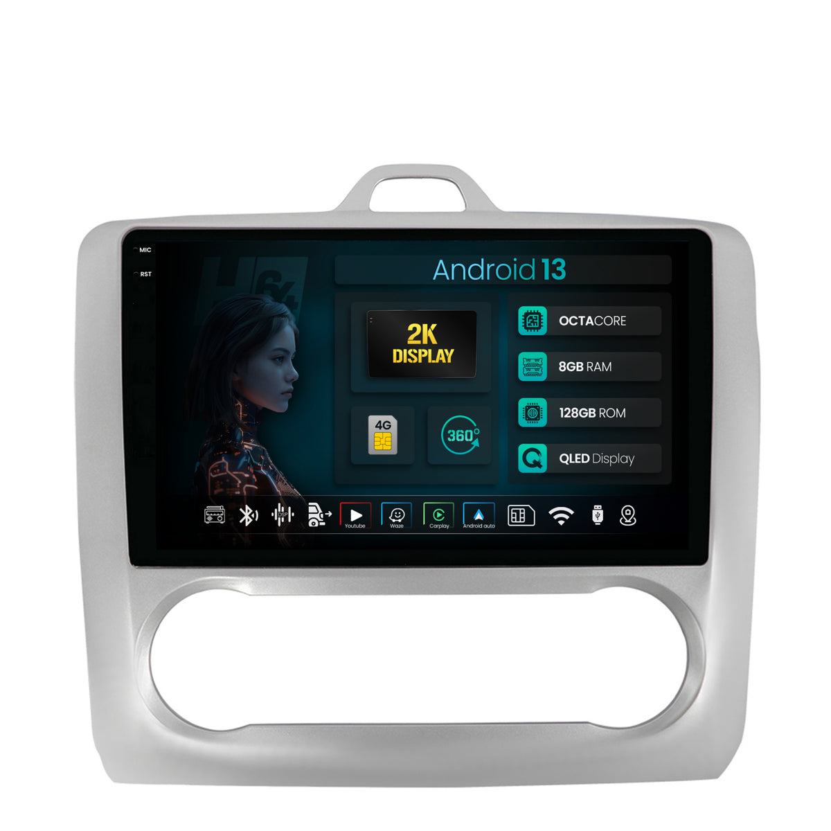 Navigatie 2K HUB64 Ford Focus MK2 (2004-2011), Clima automata, 8GB RAM, Android, Octacore, Slot Sim 4G, DSP, GPS, Wi-FI, Carplay, Android Auto, USB, Bluetooth, Waze, Touchscreen, 9.5 Inch