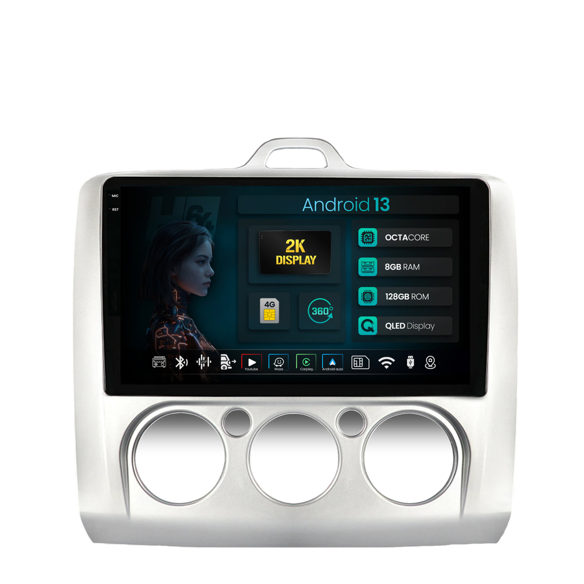 Navigatie 2K HUB64 Ford Focus MK2 (2004-2011), Clima manuala, 8GB RAM, Android, Octacore, Slot Sim 4G, DSP, GPS, Wi-FI, Carplay, Android Auto, USB, Bluetooth, Waze, Touchscreen, 9.5 Inch