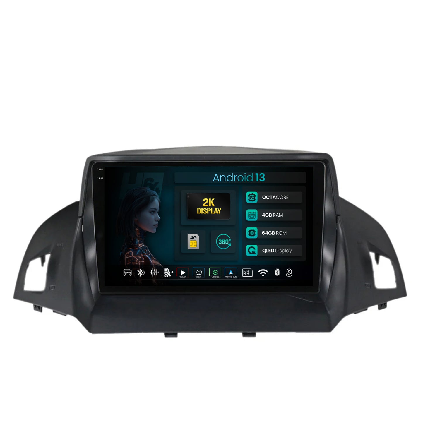 Navigatie 2K HUB64 Ford Kuga / C-Max (2013-2018), 4GB RAM, Android, Octacore, Slot Sim 4G, DSP, GPS, Wi-FI, Carplay, Android Auto, USB, Bluetooth, Waze, Touchscreen, 9.5 Inch