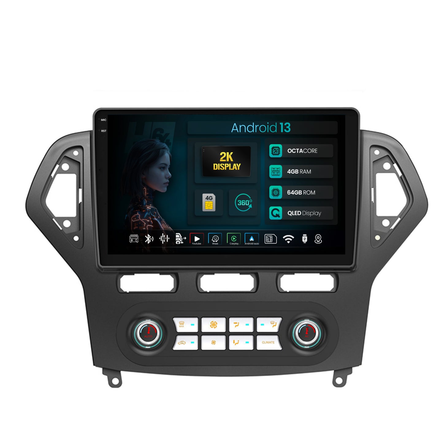 Navigatie 2K HUB64 Ford Mondeo (2007-2010) Clima Automata, 4GB RAM, Android, Octacore, Slot Sim 4G, DSP, GPS, Wi-FI, Carplay, Android Auto, USB, Bluetooth, Waze, Touchscreen, 10.36 Inch