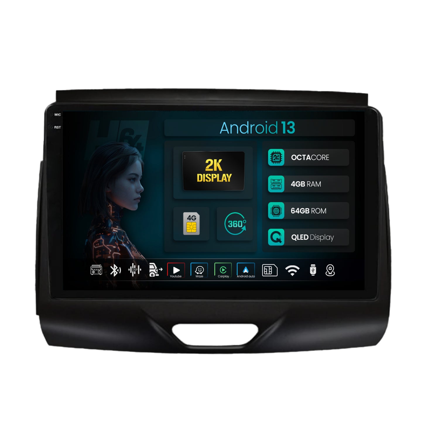 Navigatie 2K HUB64 Ford Ranger (2015-2018), 4GB RAM, Android, Octacore, Slot Sim 4G, DSP, GPS, Wi-FI, Carplay, Android Auto, USB, Bluetooth, Waze, Touchscreen, 9.5 Inch