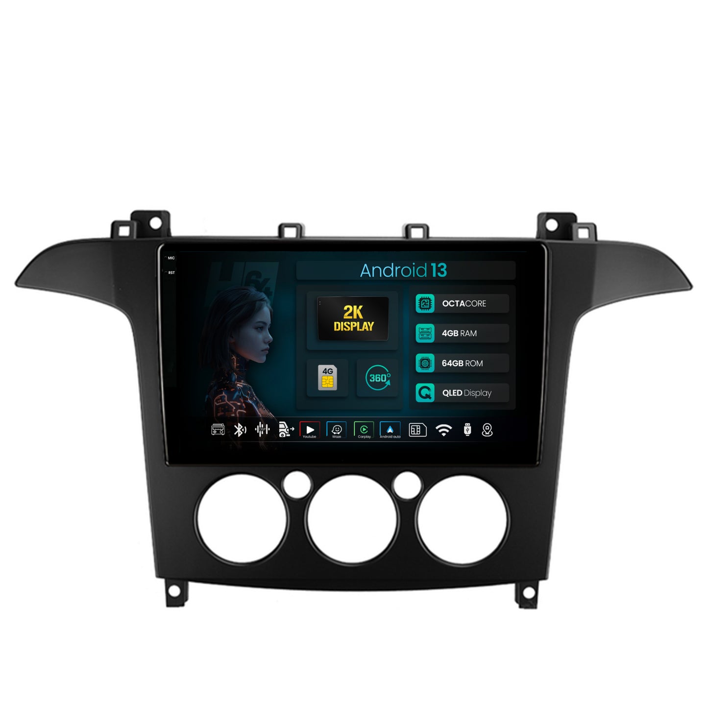 Navigatie 2K HUB64 Ford S-MAX (2006-2015) Clima Manuala, 4GB RAM, Android, Octacore, Slot Sim 4G, DSP, GPS, Wi-FI, Carplay, Android Auto, USB, Bluetooth, Waze, Touchscreen, 9.5 Inch